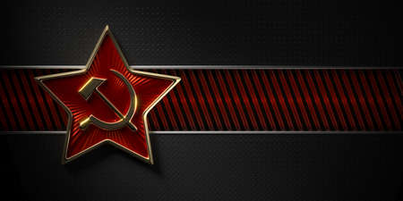 May 9, Victory Day. Template for postcards, posters, profile caps. Image of a red star sign with a gold edging, sickle and hammer on a dark metallic background. 3d rendering.の写真素材