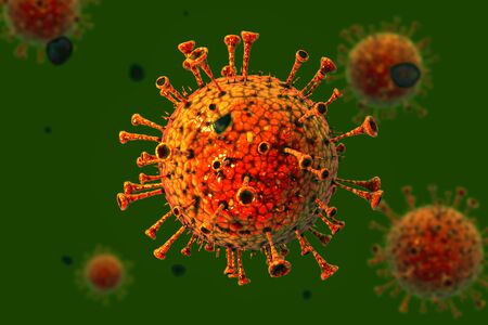 Detailed 3d model of Coronavirus COVID-19 reddish-orange on a greenの写真素材