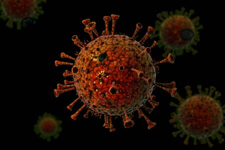 Detailed 3d model of Coronavirus COVID-19 reddish-orange on a blackの写真素材