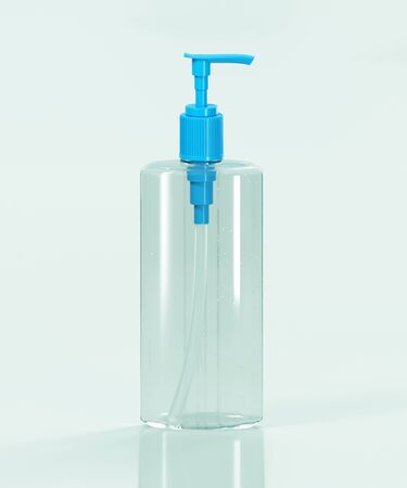 Mockup is a transparent, medical sanitizer, disinfectant with air bubbles, isolated on a light background with reflection. 3d renderingの写真素材