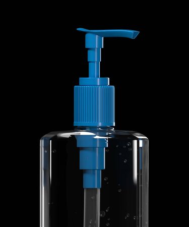 Disinfectant made of transparent plastic with highlights and a blue dispenser, isolated on blackの写真素材