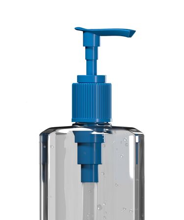 Disinfectant made of transparent plastic with highlights and a blue dispenser, isolated on whiteの写真素材