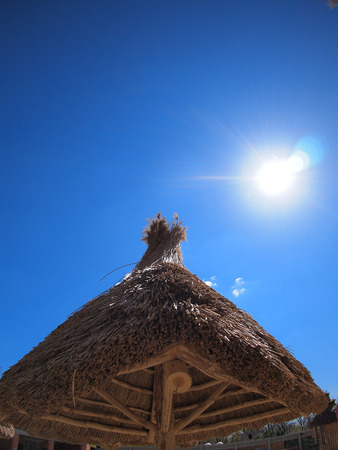 Roof of reeds against a blue sky and bright sunの写真素材