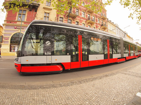 Prague, Czech Republic - April 25, 2015: New tram on the streets of Prague with wide angle...