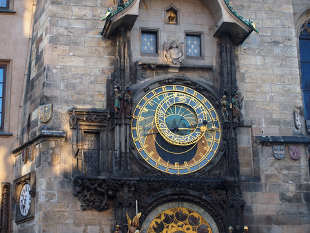 PRAGUE, CZECH REPUBLIC - APRIL 19, 2015: The clock on the tower close-up on the main square of Stare Mestoのeditorial素材