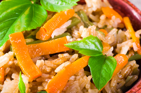 Macro view of the dish of cooked rice and vegetables close-up with shallow depth of focusの写真素材