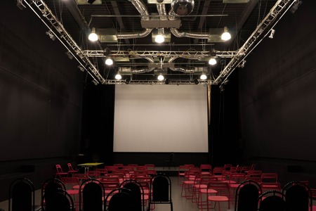 black room with pink chairs and technical farmの写真素材