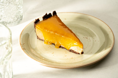 Cheesecake cottage cheese dessert cake pie casserole with apricot jam on a plateの写真素材