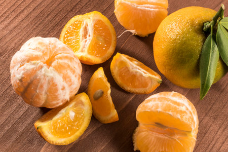 Fresh clementine on wood brown rustic tableの写真素材