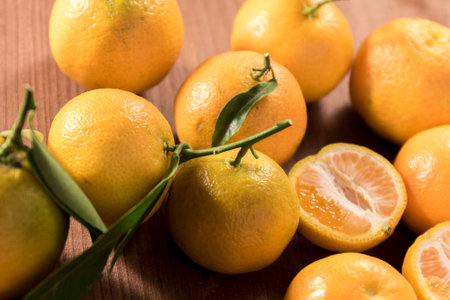 Fresh clementine on wood brown rustic tableの写真素材