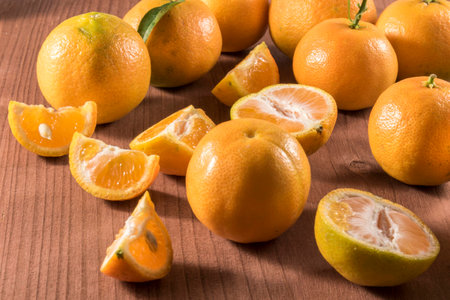 Fresh clementine on wood brown rustic tableの写真素材