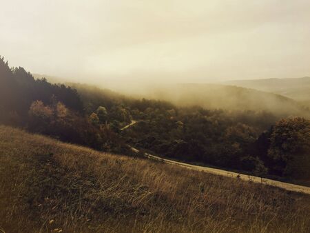 Misty autumn roadの写真素材