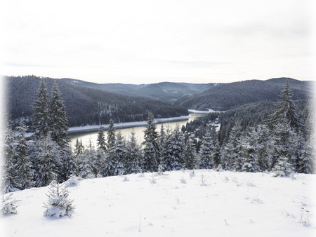Mountain river in winter wonderlandの写真素材