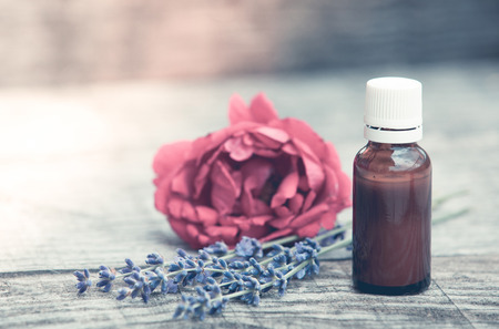 Lavender oil rustic backgroundの写真素材