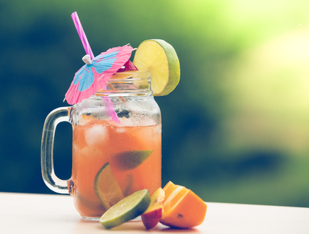 Summer background. Fresh homemade fruit lemonadeの写真素材