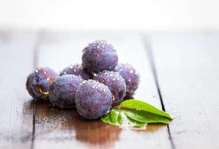 Organic plums with raindrops on rustic backgroundの写真素材