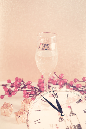 Winter background with New Year Champagne glassesの写真素材
