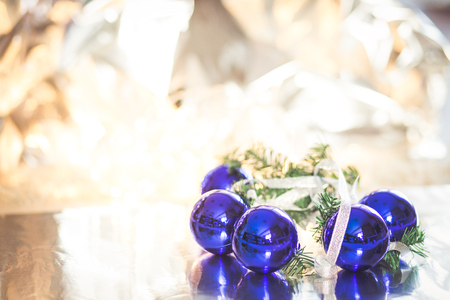 Blue Christmas balls on white backgroundの写真素材