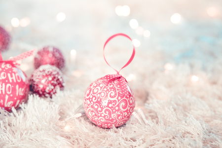 Christmas tree red decorations on white backgroundの写真素材