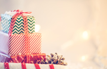 Christmas background with snow and presentsの写真素材