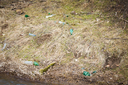River plastic pollution, plastic waste in waterの写真素材