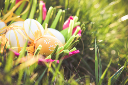 Easter eggs in a basket in the grass