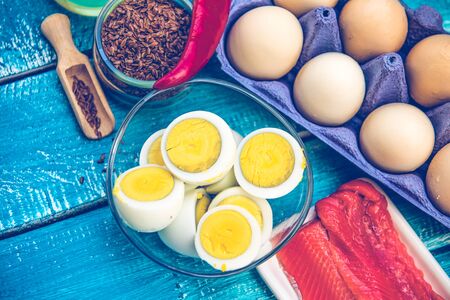 Keto diet eggs and fish. Low carb foodの写真素材