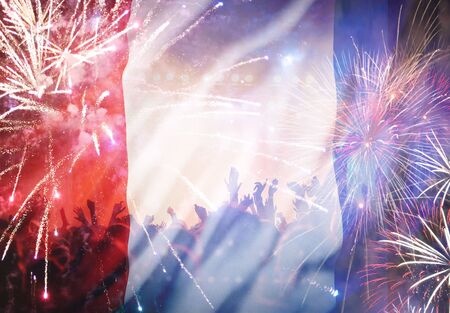 France national day crowd and fireworksの写真素材