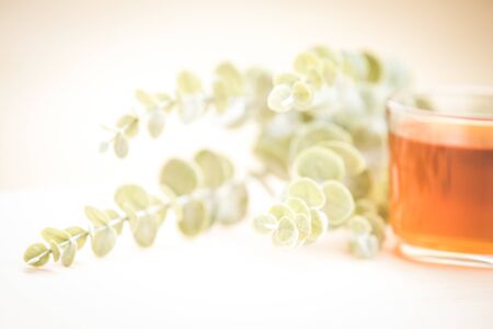 Autumn tea. Marigolds and tea cup autumn backgroundの写真素材
