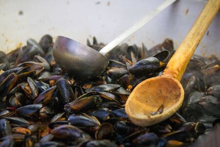 Fresh mussels at grill pan. Cozze ricettaの写真素材