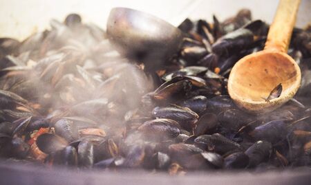 Fresh mussels at grill pan. Cozze ricettaの写真素材