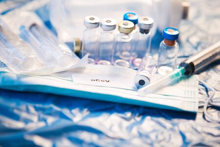 Coronavirus vaccines bottles medical backgroundの写真素材