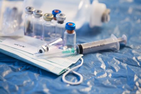 Coronavirus vaccines bottles medical backgroundの写真素材