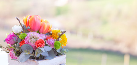 Spring flowers fresh colors easter backgroundの写真素材