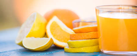 Fresh orange juice breakfast backgroundの写真素材