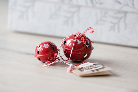 Christmas decoration with red and white balls on wooden background, closeupの写真素材
