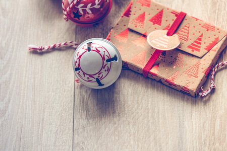 Christmas decoration on wooden background, vintage toned image with selective focusの写真素材