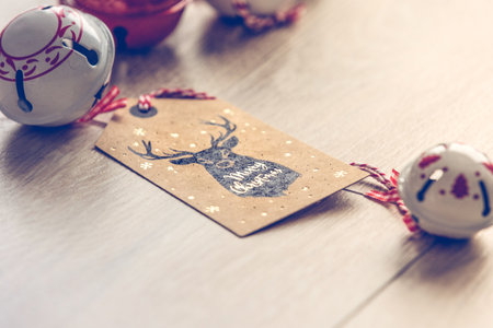 Christmas decoration on a wooden background. Vintage style toned picture.の写真素材