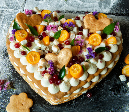 Birthday cake for Valentine's Day. Delicious homemade heart shaped red velvet cake decorated with cream and fresh berries.A festive dessert in the shape of a heart.の写真素材