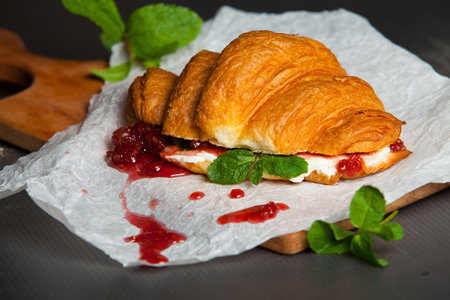 Tasty breakfast.Morning Croissant.Classic croissant sandwiches.の写真素材