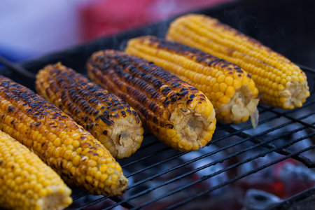 Fresh roasted or grilled corncobs. Grilled Corn for sale on the street.の写真素材