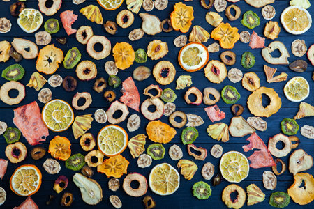Organic Healthy Assorted Dried Fruit Mix close up. Dried fruit snacks. dried apples, mango, feijoa, dried apricots, prunes top viewの写真素材