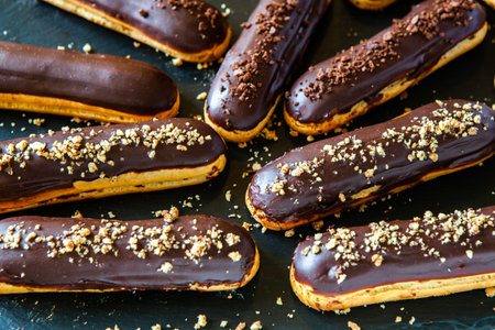 Traditional french eclairs with chocolate. Tasty dessert. Home made cake eclairs. Sweet Dessert...
