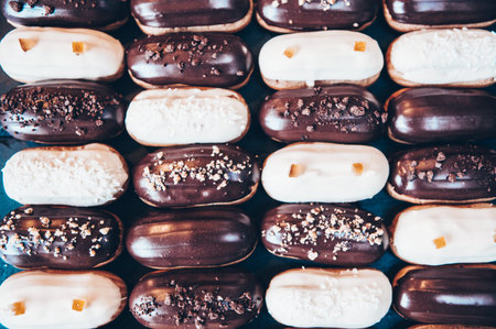 Traditional french eclairs with chocolate. Tasty dessert. Home made cake eclairs. Sweet Dessert...