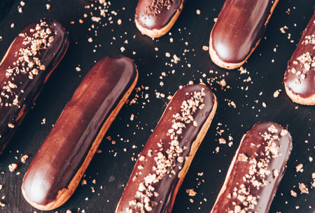 Traditional french eclairs with chocolate. Tasty dessert. Home made cake eclairs. Sweet Dessert...