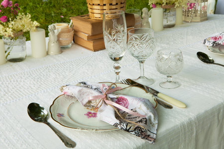 Wedding decoration in forest. Rustic wedding ceremony in forest. Vintage decoration in forest.