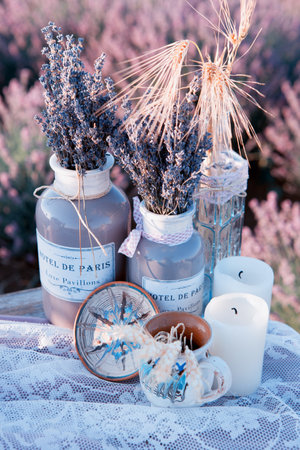 Wedding decoration in forest. Rustic wedding ceremony in forest. Vintage decoration in forest.の写真素材