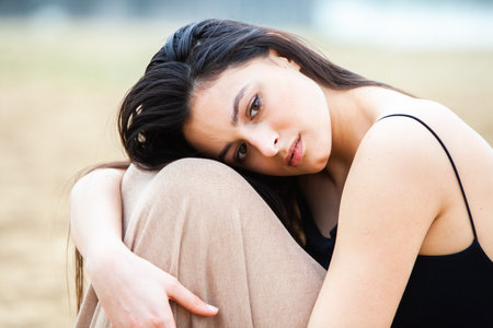 Fashion Portrait of Stylish Pretty Brunette. Sensual girl.Young Russian woman with clean fresh skinの写真素材