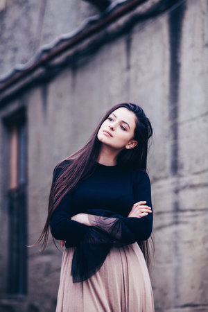 Beautiful young woman with clean perfect skin.Fashion Portrait of Stylish Pretty Brunette. Sensual girl.の写真素材
