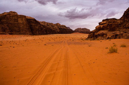 Wadi Rum Desert in Jordan. On the Sunset. Panorama of beautiful sand pattern on the dune.の写真素材